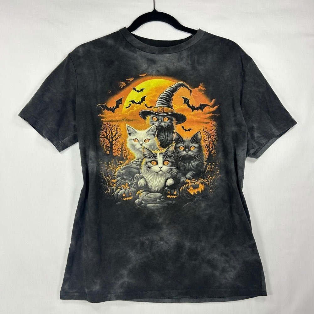 Mad Engine Halloween Black Tie-Dye Graphic T-Shirt Witch Cats Moon Print Size S